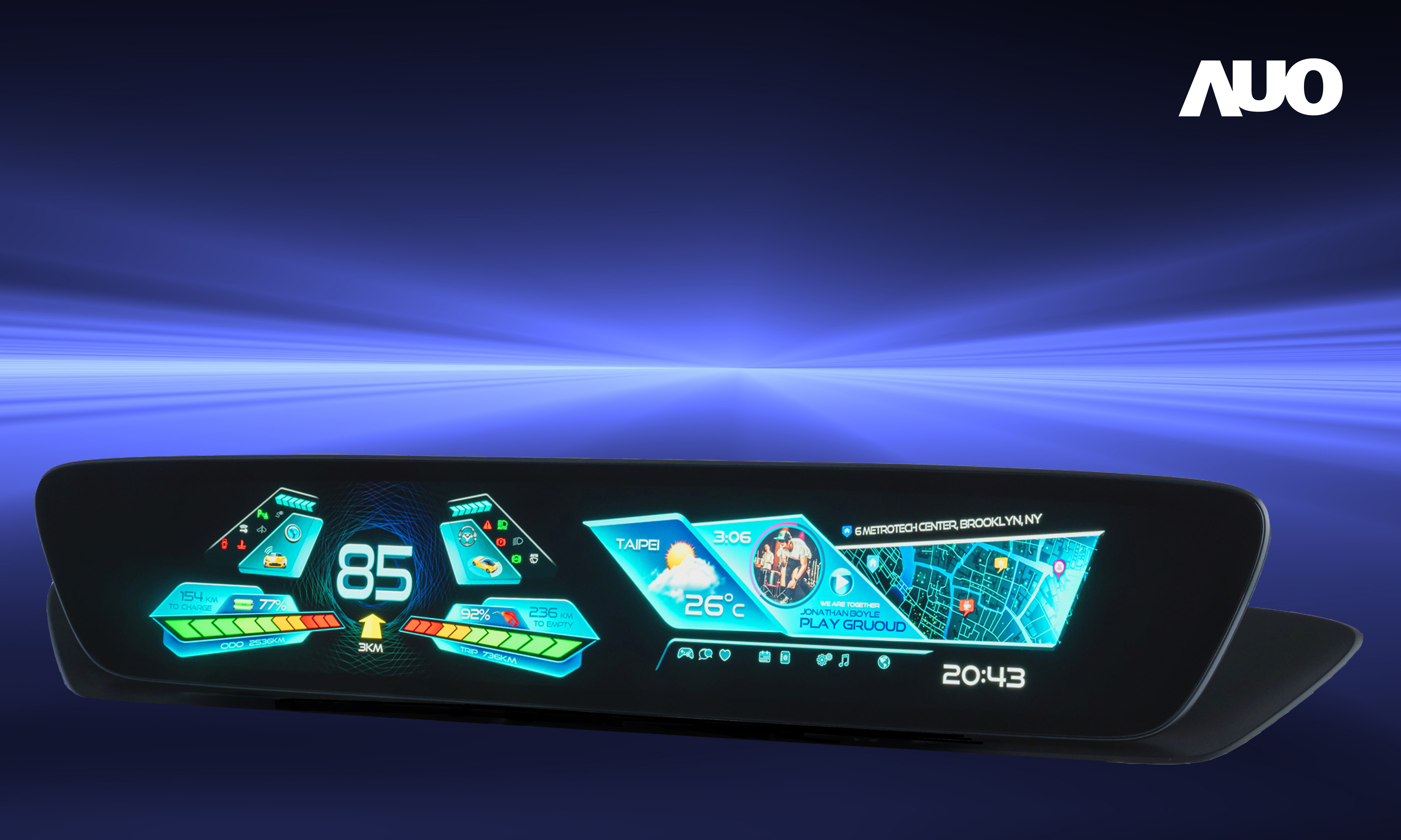 友達30.4吋異形曲面AmLED車載顯示系統，為一兼具儀表板及中控台人機介面的創新車載顯示系統，結合美學設計，提升車內科技沉浸感及使用體驗，讓車載顯示的未來應用更加多元化