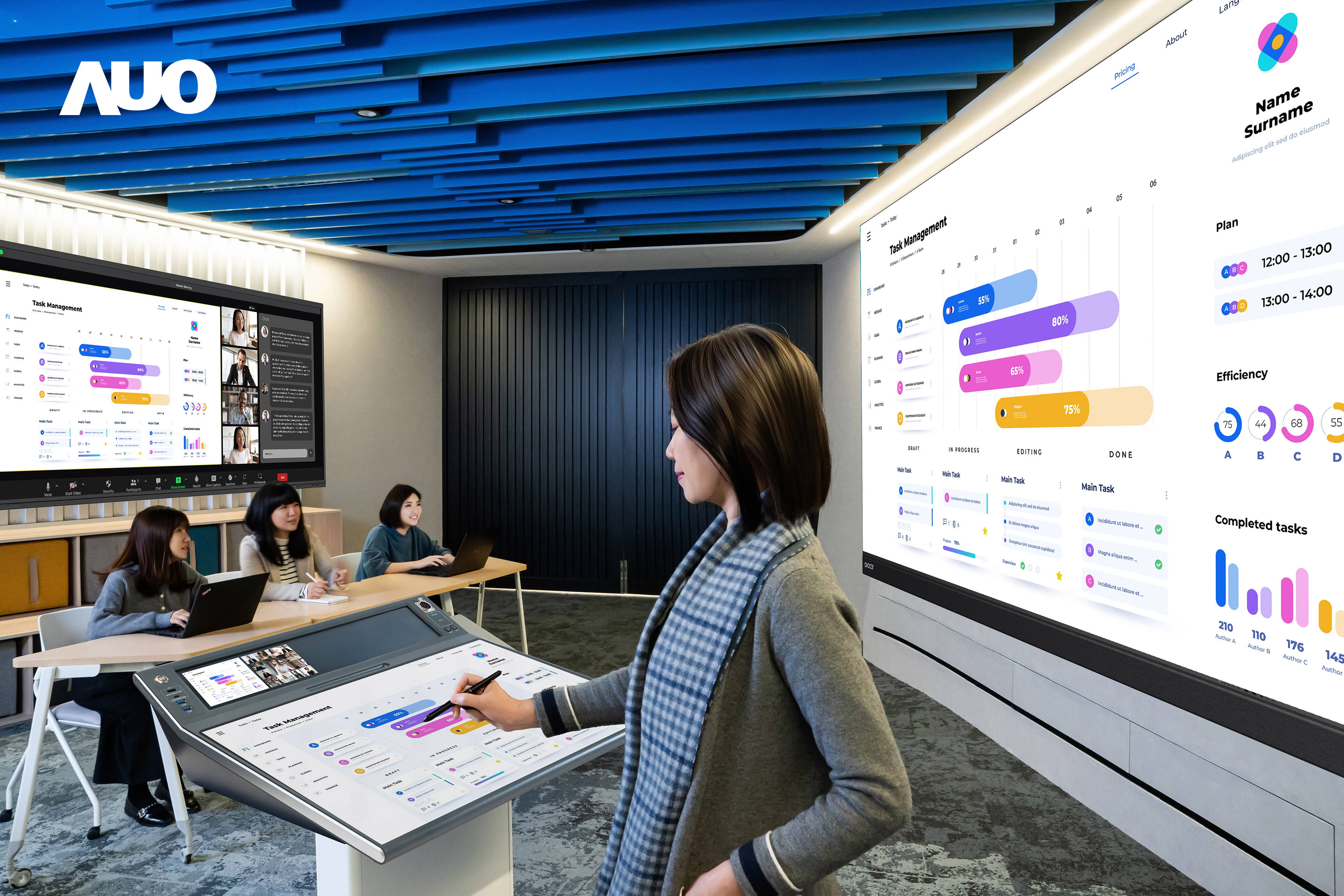 達擎攜手Avocor與Rise Vision展示全方位商務領域應用，包含採用模組化設計的138吋一體式All-in-One LED顯示器及具21:9超寬比例的92吋互動式電子白板（IFPD），講者可輕鬆分享內容，有效提升會議協作效率。